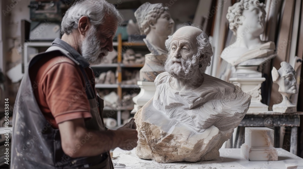 Mid shots of the sculptor and the block of marble. Mid shots of the sculptor and the block of marble.