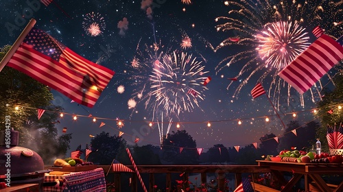 A festive Fourth of July scene with fireworks lighting up the night sky, American flags, and a barbecue party.
