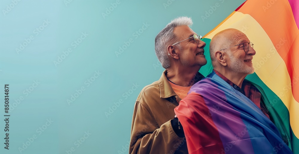 Elderly individuals seated against a vibrant, multicolored backdrop. Their bright attire and joyful expressions reflect the spirit of LGBTQ+ pride, emphasizing the values of diversity. Elderly individuals seated against a vibrant, multicolored backdrop. Their bright attire and joyful expressions reflect the spirit of LGBTQ+ pride, emphasizing the values of diversity.