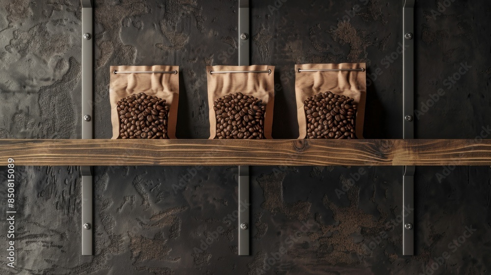 Φωτογραφία Shelf with three bags of coffee beans in front of wooden wall background, busine