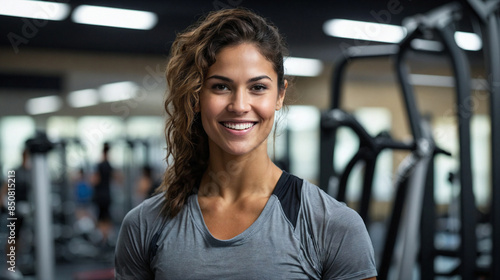 A latin woman on her 30's, in grey T-shirt smiling in a gym. Training services, fitness coaching, gym employee staff, body wellness, physical well-being, active lifestyle.