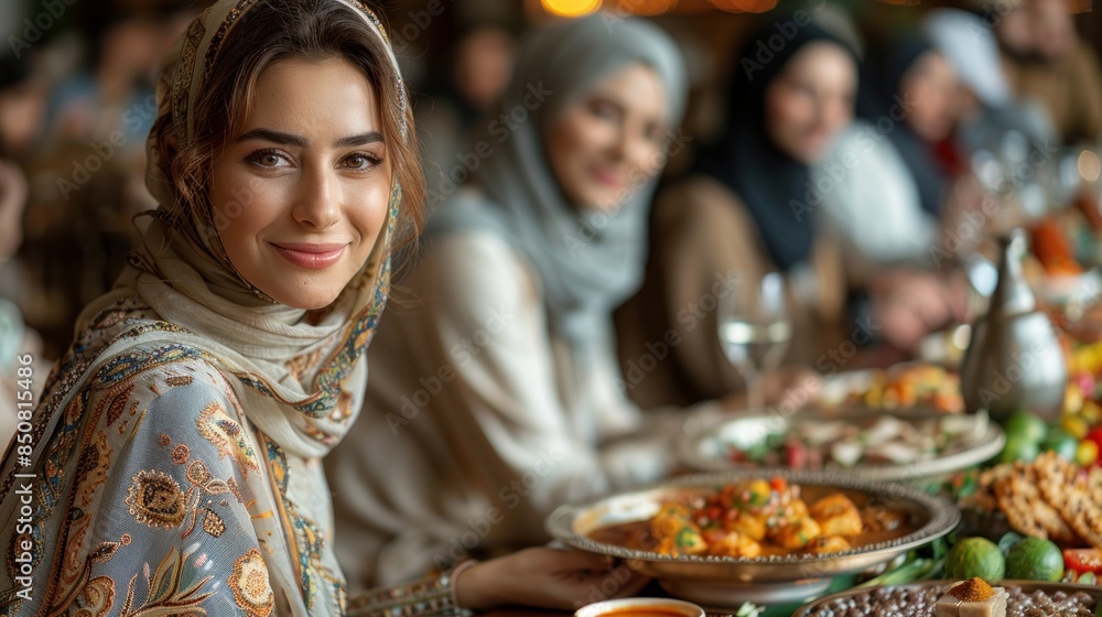 Fototapeta premium An atmospheric image of friends and family enjoying a festive Eid feast together, captured using a communal dining composition technique 