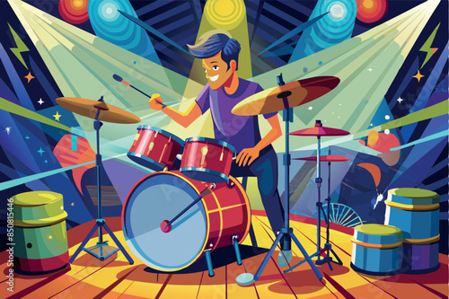 A drummer playing a drum kit. includes a bass drum, two toms and cymbals. the atmosphere conveys the energy and movement associated with a live musical performance.