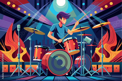 A drummer playing a drum kit. includes a bass drum, two toms and cymbals. the atmosphere conveys the energy and movement associated with a live musical performance.