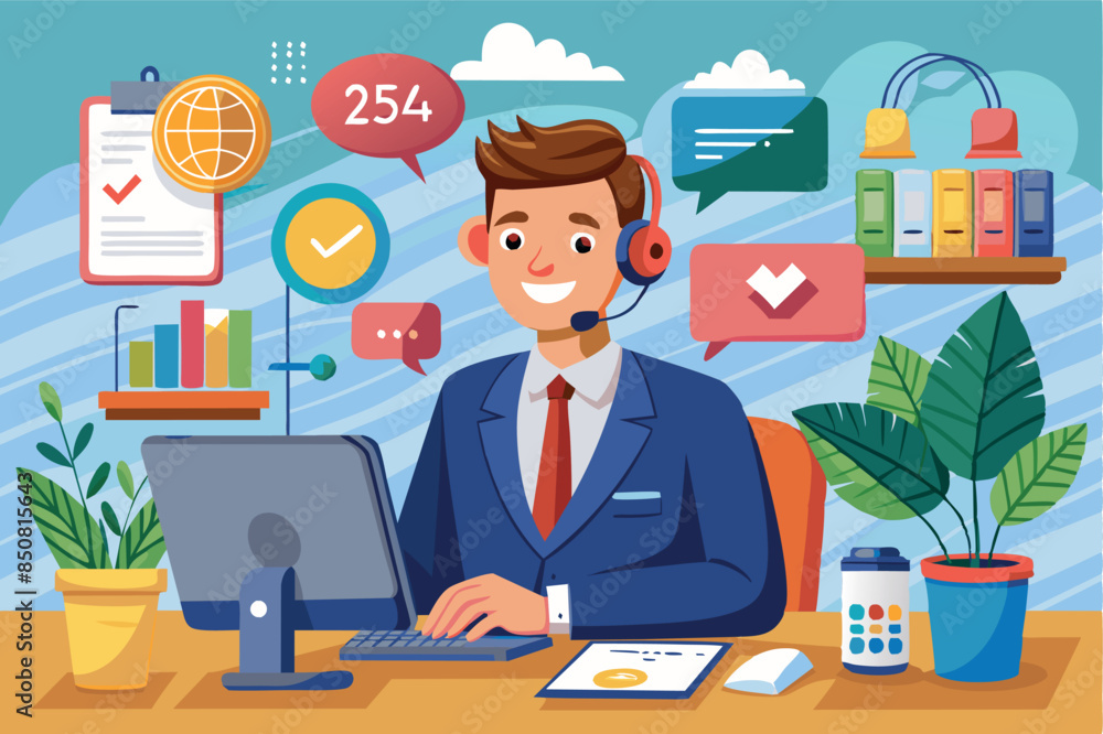 The operator is at a desk with a computer monitor, wearing a headset and smiling. Above the person's head is a speech cloud, an email icon indicating that he or she is busy with customer service or su The operator is at a desk with a computer monitor, wearing a headset and smiling. Above the person's head is a speech cloud, an email icon indicating that he or she is busy with customer service or su