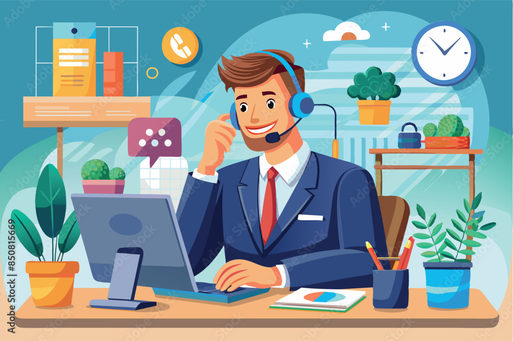 The operator is at a desk with a computer monitor, wearing a headset and smiling. Above the person's head is a speech cloud, an email icon indicating that he or she is busy with customer service or su The operator is at a desk with a computer monitor, wearing a headset and smiling. Above the person's head is a speech cloud, an email icon indicating that he or she is busy with customer service or su