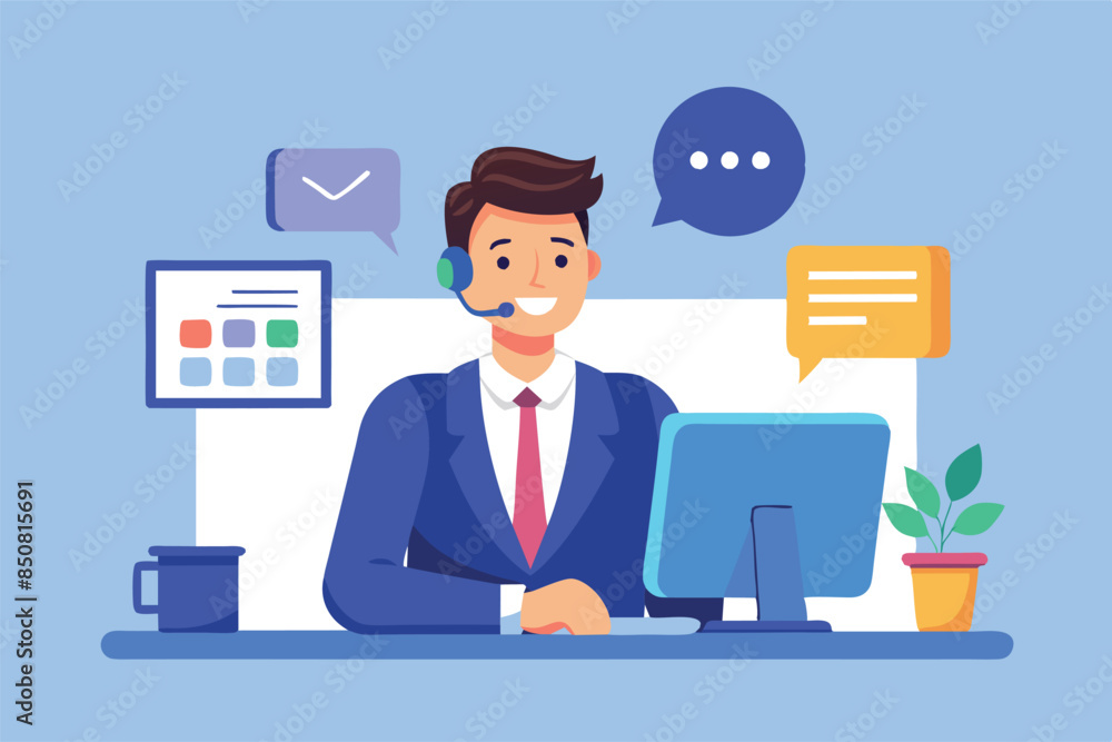The operator is at a desk with a computer monitor, wearing a headset and smiling. Above the person's head is a speech cloud, an email icon indicating that he or she is busy with customer service or su The operator is at a desk with a computer monitor, wearing a headset and smiling. Above the person's head is a speech cloud, an email icon indicating that he or she is busy with customer service or su