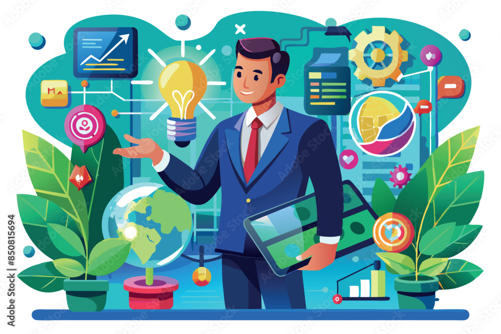 A man in business attire. he holds various icons symbolizing different aspects of global finance and economics such as currency symbols. the theme of global business and financial management. A man in business attire. he holds various icons symbolizing different aspects of global finance and economics such as currency symbols. the theme of global business and financial management.