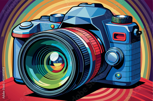 DSLR camera with outstanding lens on the front, various buttons and controls on the top and side. photography, art, graphic design or technology theme.