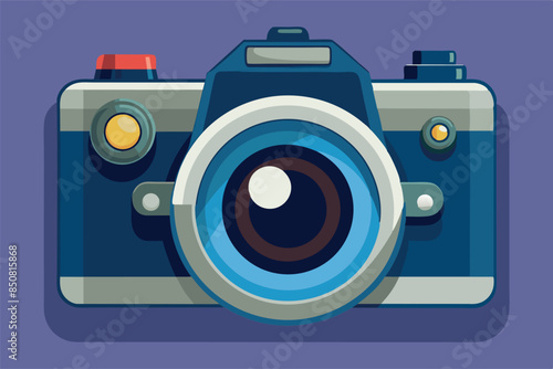 DSLR camera with outstanding lens on the front, various buttons and controls on the top and side. photography, art, graphic design or technology theme.