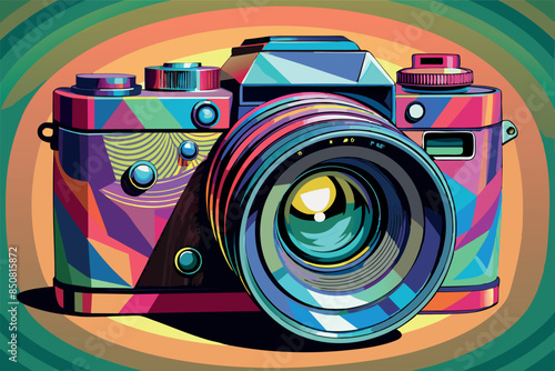 DSLR camera with outstanding lens on the front, various buttons and controls on the top and side. photography, art, graphic design or technology theme.