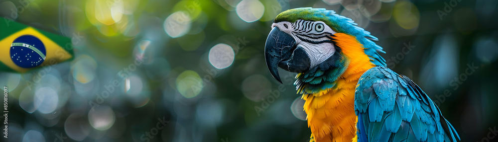 Fototapeta premium Photo Realistic Brazilian Parrot with Flag: A Symbol of Natural Beauty and National Pride, Ideal for Photo Stock Concept