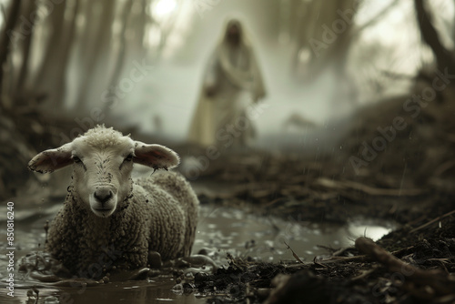 lamb stuck in the mud and in the background a man in a white tunic