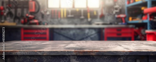 Empty metal surface on a blurred background of the garage or home workshop. empty metal workbench on the background of a storage Mock-up of a showcase for demonstrating  products and tools. Copy space