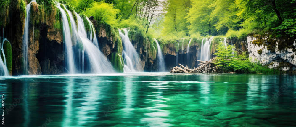 Serene Waterfalls in Lush Forest Landscape Serene Waterfalls in Lush Forest Landscape