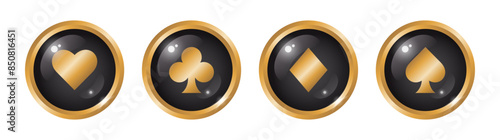 Glossy buttons or chips with playing card suits. Vector casino clipart on transparent background. 