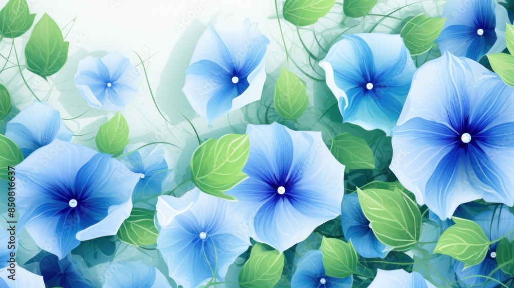 Background of a mix of delicate blue Ipomoea blossoms and fresh green leaves Background of a mix of delicate blue Ipomoea blossoms and fresh green leaves