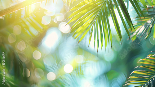 Hello July. Blurred view of palm leaves on sunny day  © Ashley