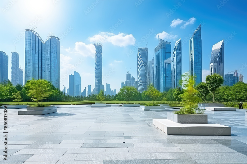Fototapeta premium Modern Urban Skyline with Green Plaza