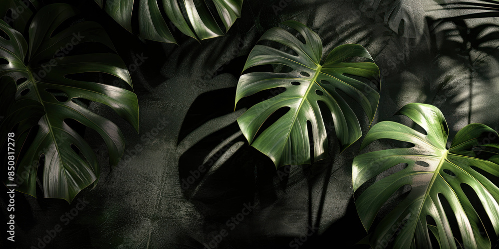 Lush Monstera Leaf Shadows Casting Dramatic Patterns on Dark Background Lush Monstera Leaf Shadows Casting Dramatic Patterns on Dark Background