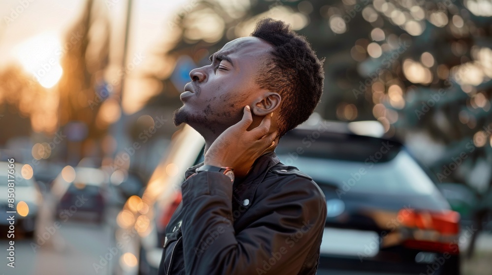 A man with a beard and dreadlocks is standing on a street with a car behind him A man with a beard and dreadlocks is standing on a street with a car behind him