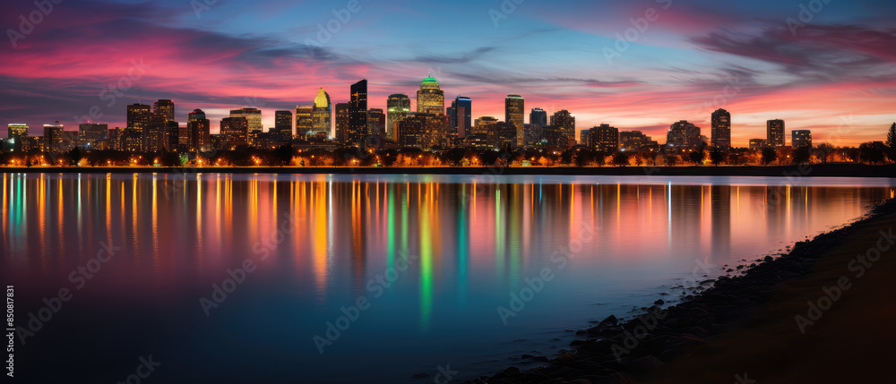 Fototapeta premium Vibrant Evening City Skyline Reflection