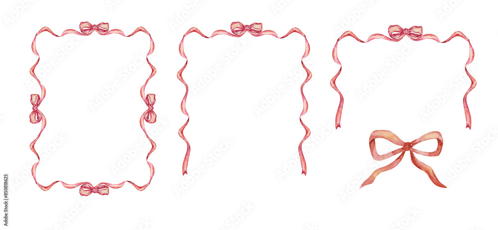 Red frames set of watercolor ribbon and bow Red frames set of watercolor ribbon and bow
