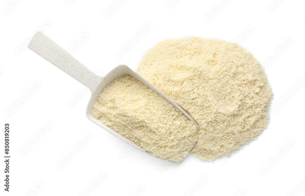 Pile of fresh almond flour and scoop isolated on white, top view Pile of fresh almond flour and scoop isolated on white, top view