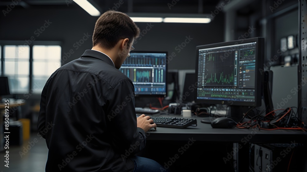 A it expert man working in high workplace, it expert working on computer A it expert man working in high workplace, it expert working on computer