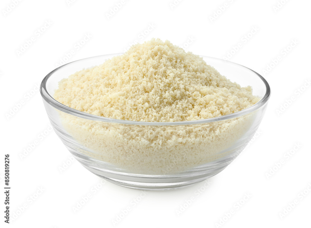 Fresh almond flour in bowl isolated on white Fresh almond flour in bowl isolated on white