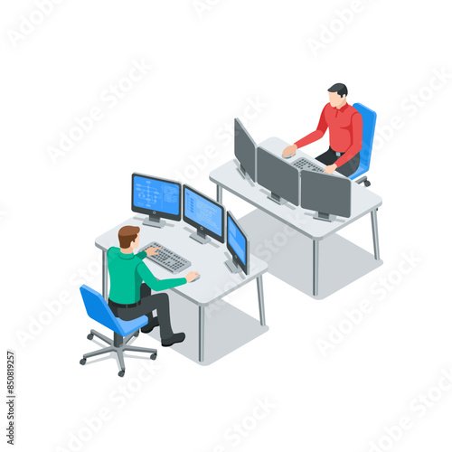 isometric vector men working at a table with three monitors, in color on a white background, a man at a computer or a programmer developer