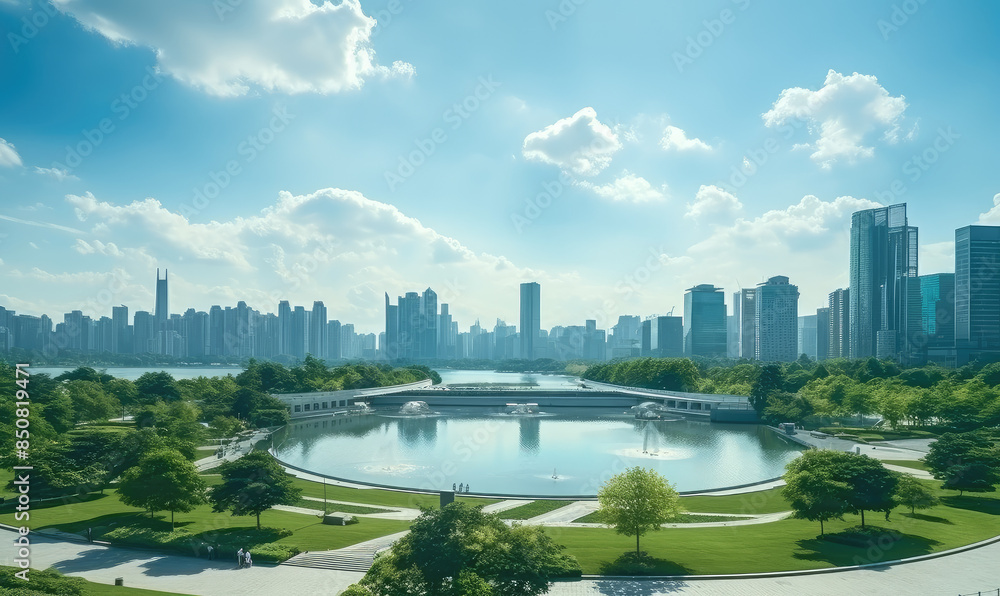 Fototapeta premium Tranquil Urban Park with Skyline View