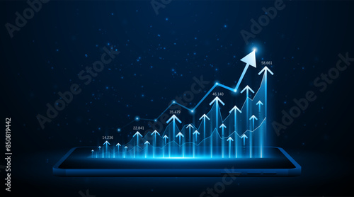 Arrow pointing upwards for future company growth set on tablet or smartphone. Stock market graph with rising candles. Ideas for growing a profitable business or investment