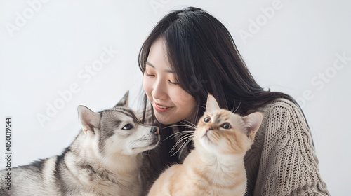 a asian lady is playing with her dog and cat in a photo studio