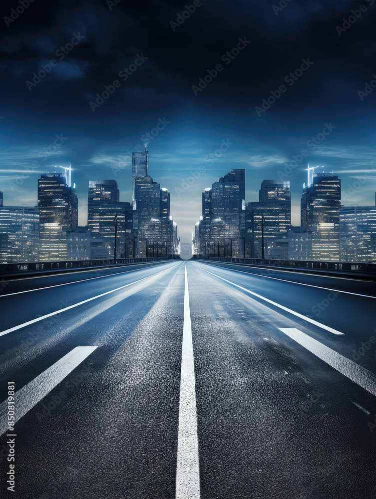Fototapeta premium Futuristic Cityscape with Empty Road at Night