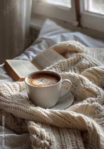 A Cup of Coffee and an Open Book on a Cozy Blanket