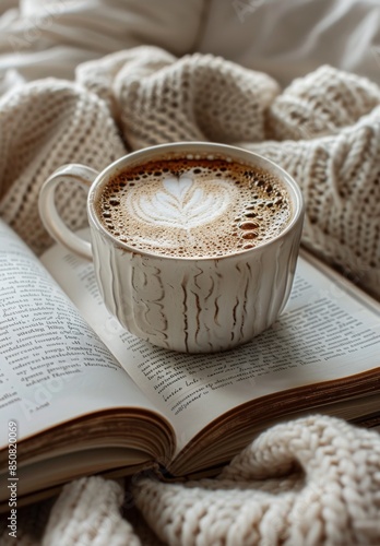A Cup of Coffee and an Open Book on a Cozy Blanket