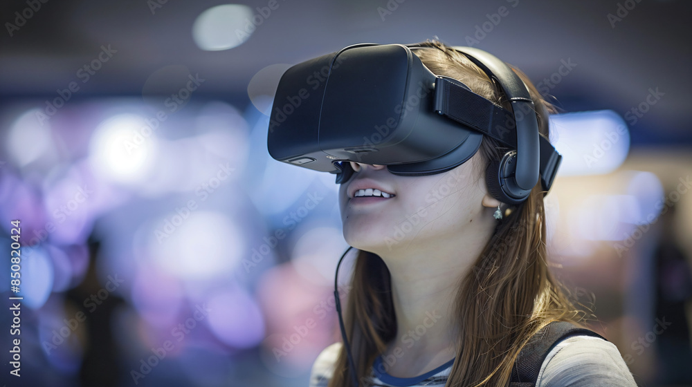 Young Woman Wearing Virtual Reality Headset. Young Woman Wearing Virtual Reality Headset.