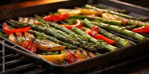 Grilled Vegetables Featuring Asparagus, Bell Peppers, and Garlic with Charred Grill Marks. Concept Vegetable Grilling, Asparagus Recipe, Bell Peppers, Grilled Garlic, Charred Grill Marks