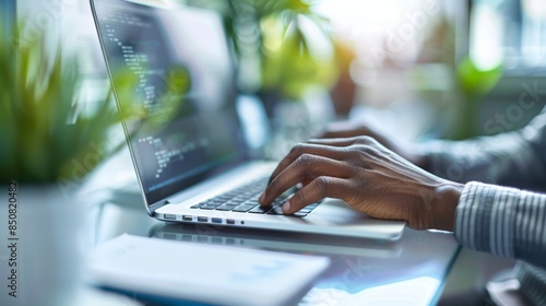 A person typing on a laptop computer in front of plants, AI