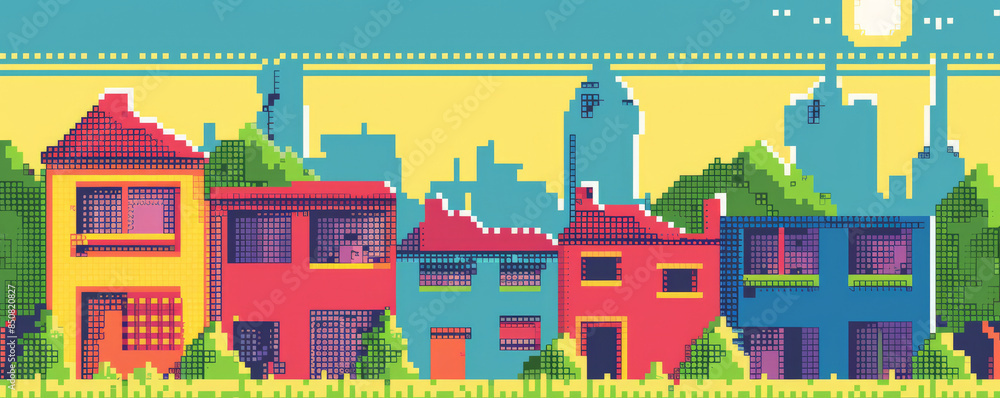 A retro video game pixel art scene in bright, primary colors. A retro video game pixel art scene in bright, primary colors.