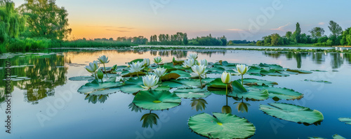 A serene lake with blooming water lilies and a clear, pastel sky.