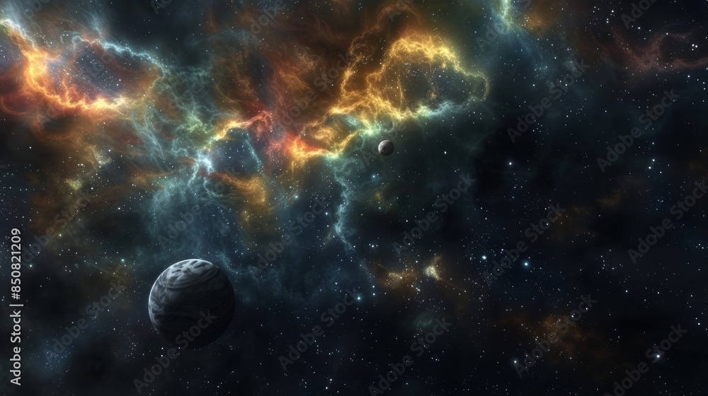 Fototapeta premium Celestial Tapestry: A Cosmic Nebula with Two Planets