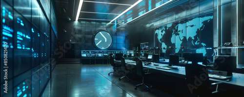 A sleek, modern police station with advanced crime-solving technology. photo