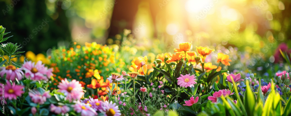 Fototapeta premium A spring garden with a variety of flowers, green foliage, and a bright, sunny sky.