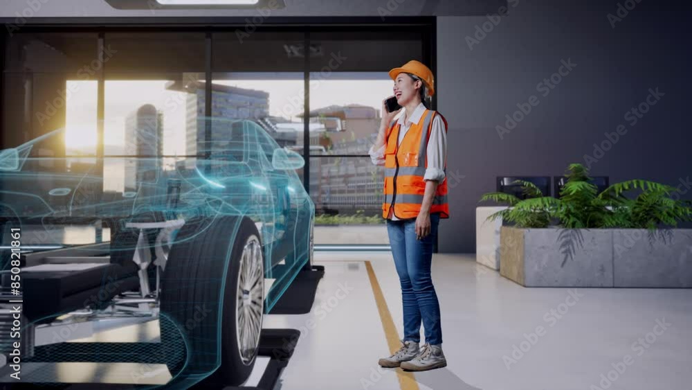 Full Body Side View Of Asian Female Engineer With Safety Helmet Talking On Smartphone While Standing With Concept of Electric Vehicle Full Body Side View Of Asian Female Engineer With Safety Helmet Talking On Smartphone While Standing With Concept of Electric Vehicle