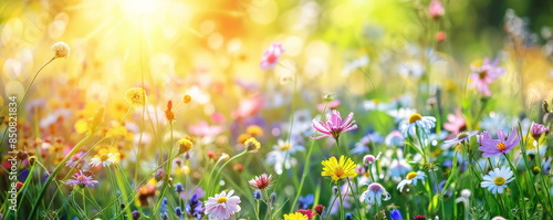 A spring meadow filled with colorful wildflowers and bright sunshine. © AI_images_for_people
