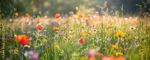 Obraz  z motywem A spring meadow filled with colorful wildflowers and bright sunshine.