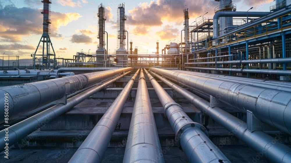 Pipeline and pipe rack of oil industrial plant with sunset sky background Pipeline and pipe rack of oil industrial plant with sunset sky background