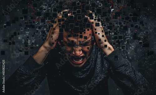 Man holding head with digital squares dissolving, expressing mental stress and breakdown in a dark abstract background. photo